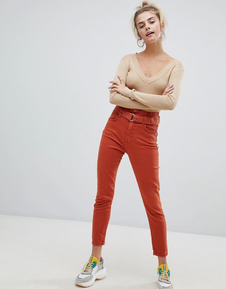 Bershka High Waist Tie Detal Mom Pants In Terracota - Orange