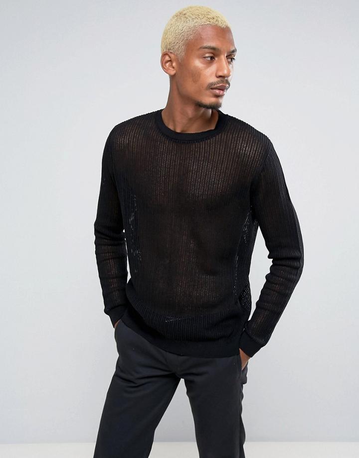 Asos Mesh Crew Sweater In Black - Black