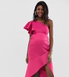 True Violet Maternity One Shoulder Scuba Midi Dress With Frill Hem In Fuchsia - Pink