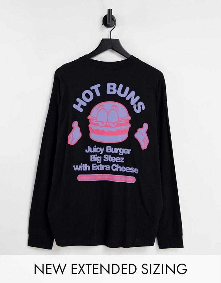 Asos Design Oversized Long Sleeve T-shirt In Black With Cartoon Burger Back Print
