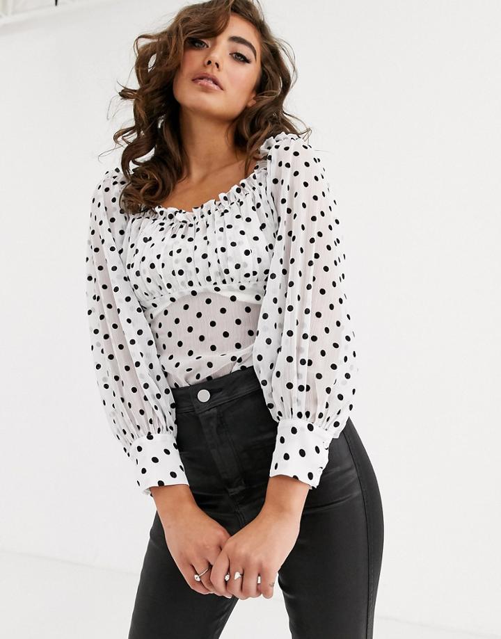 Pretty Lavish Milk Maid Top In Polka Dot-white