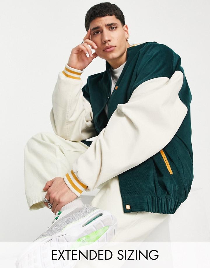 Asos Design Extreme Oversized Varsity Corduroy Bomber Jacket In Green