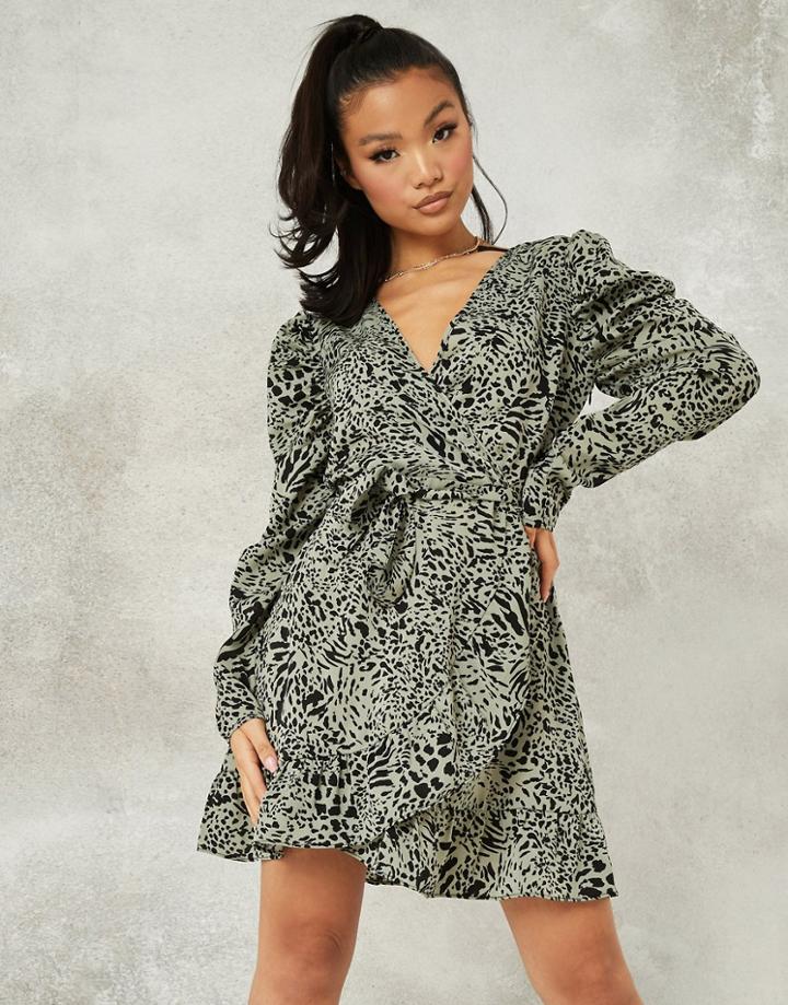 Missguided Mini Tea Dress With Volume Sleeves In Sage Floral-green