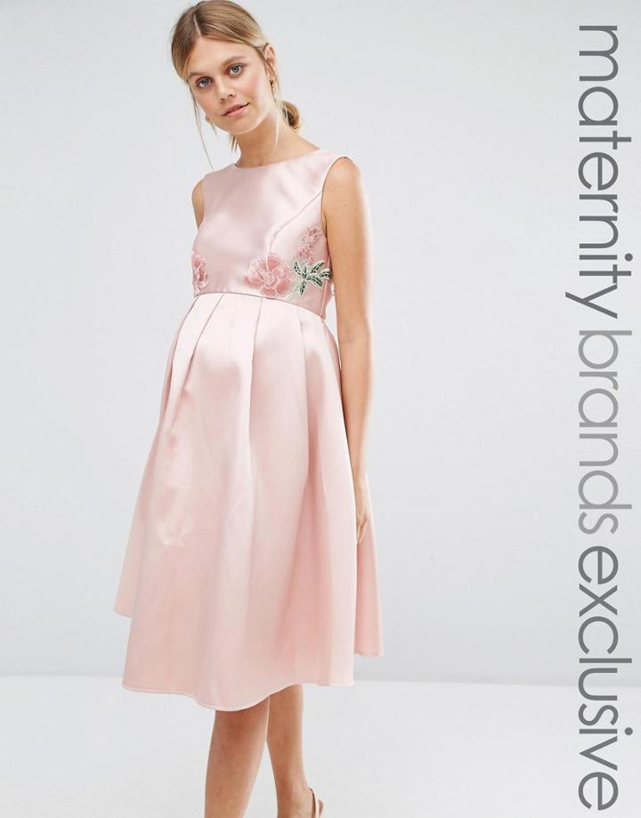 Chi Chi London Maternity Sateen Prom Dress With Floral Embroidered Waist And Back Detail - Pink