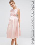 Chi Chi London Maternity Sateen Prom Dress With Floral Embroidered Waist And Back Detail - Pink