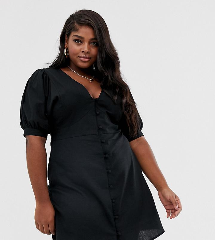 Asos Design Curve Plunge Neck Casual Button Through Mini Skater Dress - Black