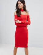 Jessica Wright Long Sleeve Choker Neck Midi Dress - Red