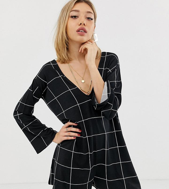 Asos Design Petite Swing Romper With Fluted Sleeve In Check - Multi