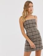 Monki Check Mini Dress With Spaghetti Strap In Brown - Brown