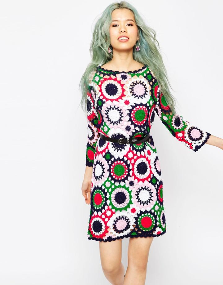 Asos Crochet Dress With Belt - Multi