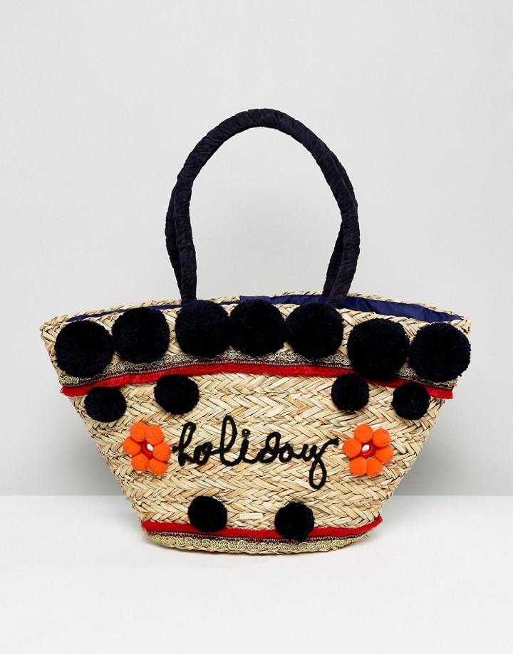 Skinnydip Vacation Navy Pom Pom Straw Bag - Multi