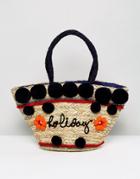 Skinnydip Vacation Navy Pom Pom Straw Bag - Multi