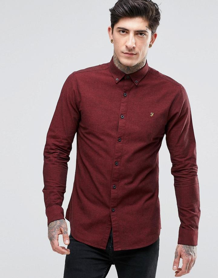 Farah Oxford Shirt With Black Weft In Slim Fit Port - Red