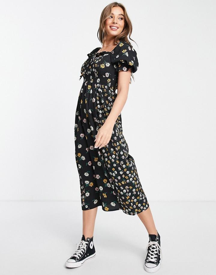New Look Sweetheart Neckline Midi Dress In Black Ditsy Floral