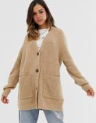 New Look Long Line Button Front Cardigan In Camel-tan