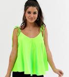 Asos Design Petite Satin Cami With Tie Shoulder - Green