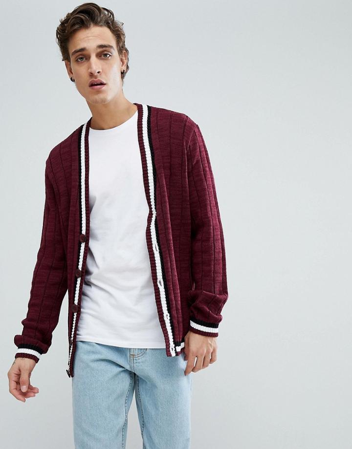 Asos Ribbed Cardigan With Tipping In Burgundy - Red