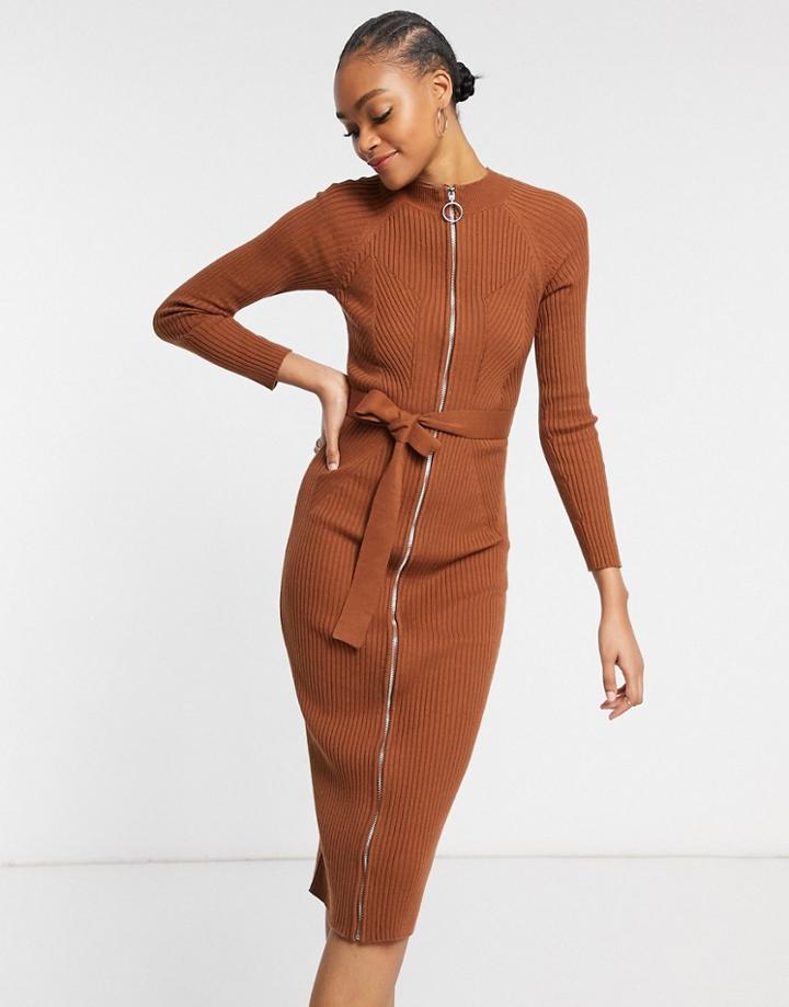 Asos Design Knitted Dress With Zip Through Detail In Brown