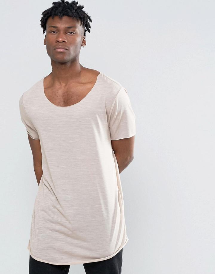 Asos Super Longline T-shirt In Fine Slinky Jersey With Side Ruching And Boat Neck - Tan
