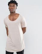 Asos Super Longline T-shirt In Fine Slinky Jersey With Side Ruching And Boat Neck - Tan