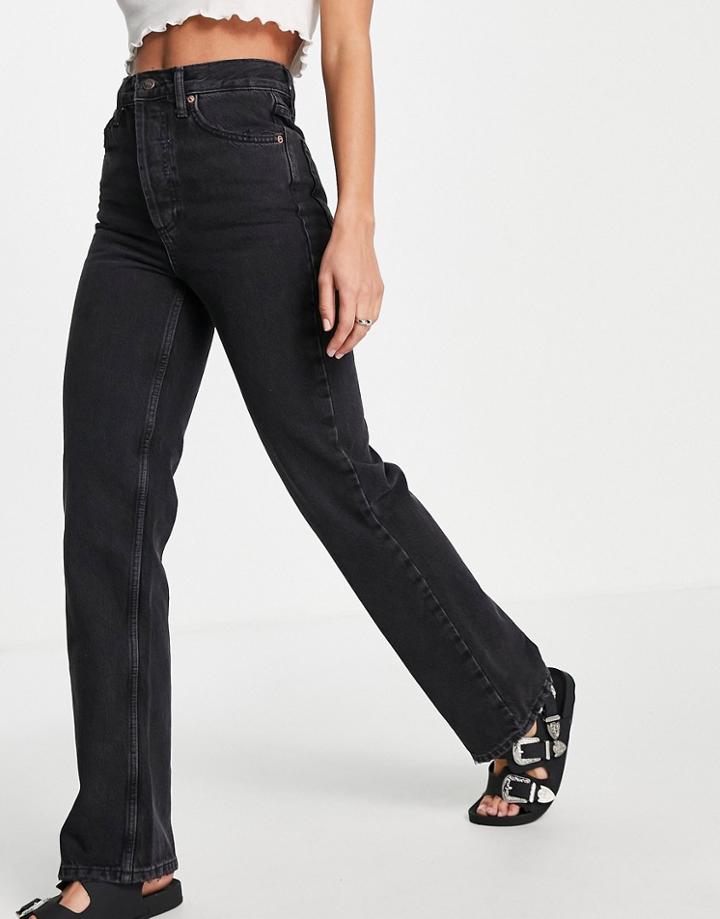 Topshop Kort Loose Straight Leg Jeans In Washed Black