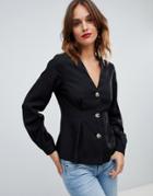Asos Design V Neck Button Through Top With Pleat Detail - Black