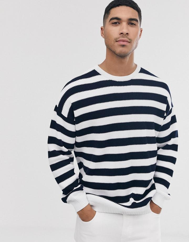 Asos Design Knitted Ribbed Sweater With Black And White Stripe