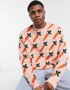 Asos Design Knit Oversized Sweater With Carrot Design In Peach-pink