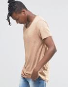 Asos Longline T-shirt In Linen Look With Curved Hem - Camel