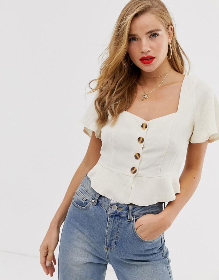 In The Style X Laura Jade Fluted Sleeve Button Front Top In Beige - Beige