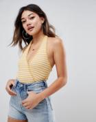 Asos Design Wrap Top In Rib With Halter Neck In Stripe - Yellow
