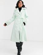 Asos Design High Shine Faux Fur Collar Trench Coat In Mint-purple
