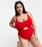 Wolf & Whistle Curve Exclusive Ribbed Cutout Belt Swimsuit In Red