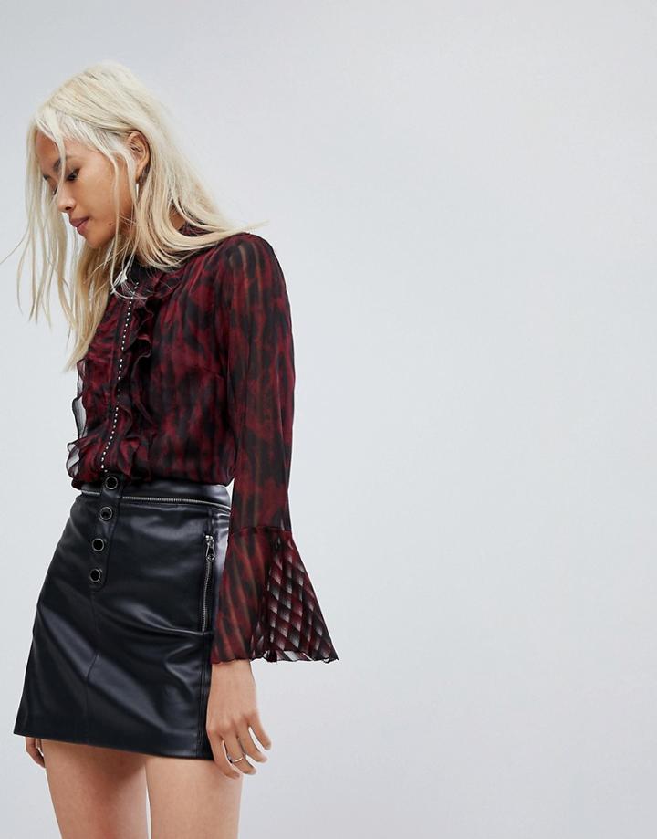 Religion Sheer High Neck Shirt With Hardware Trim - Red