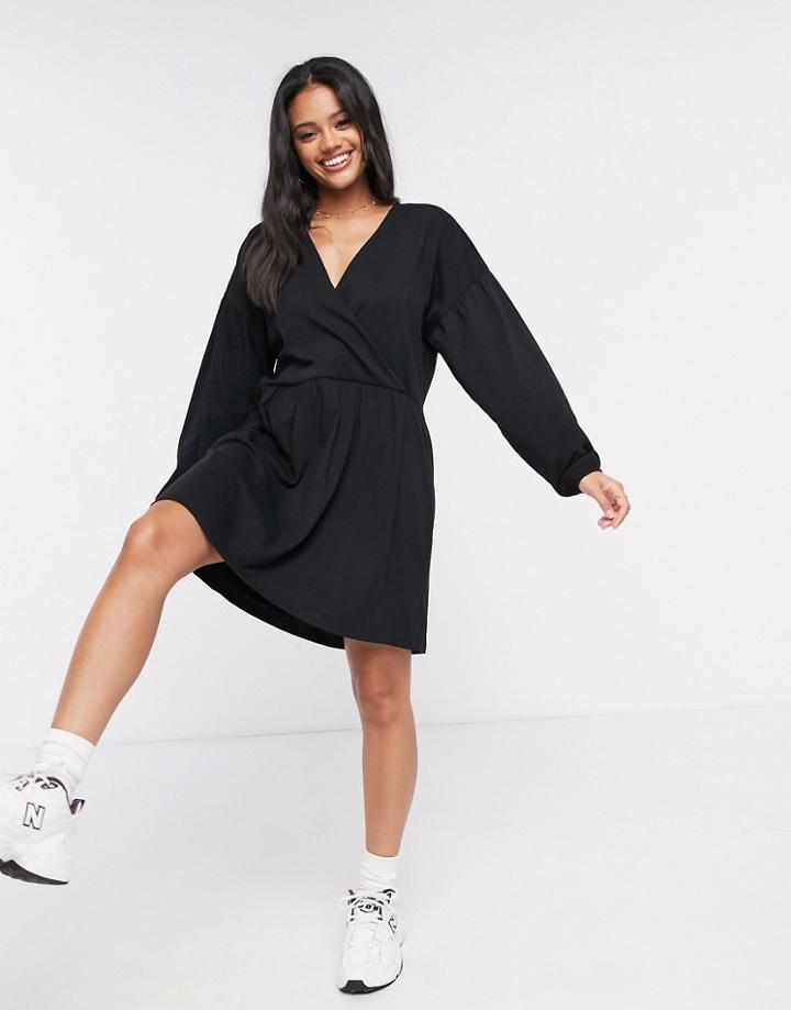Asos Design Wrap Front Long Sleeve Smock Dress In Black