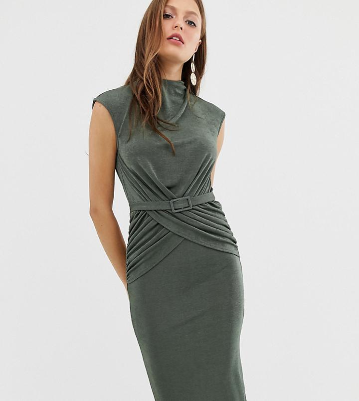 Asos Design Drape Front Wrap Front Belted Midi Dress - Green