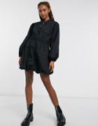 Asos Design Cotton Poplin Bubble Hem Mini Dress With Shirred Waist In Black