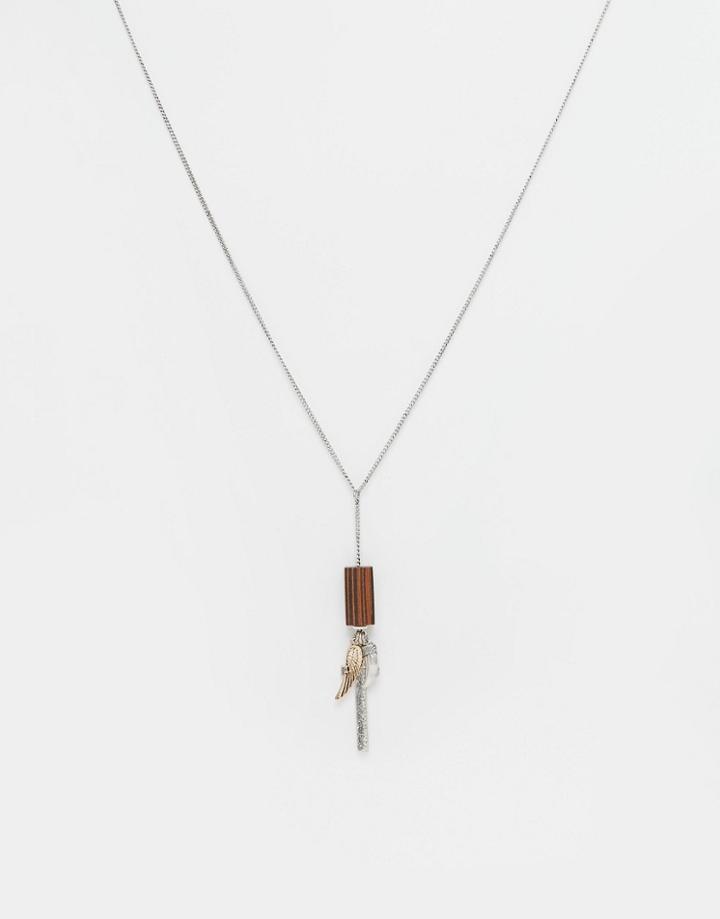 Asos Necklace In Silver With Wooden Charm And Cross - Burnished Rhodium
