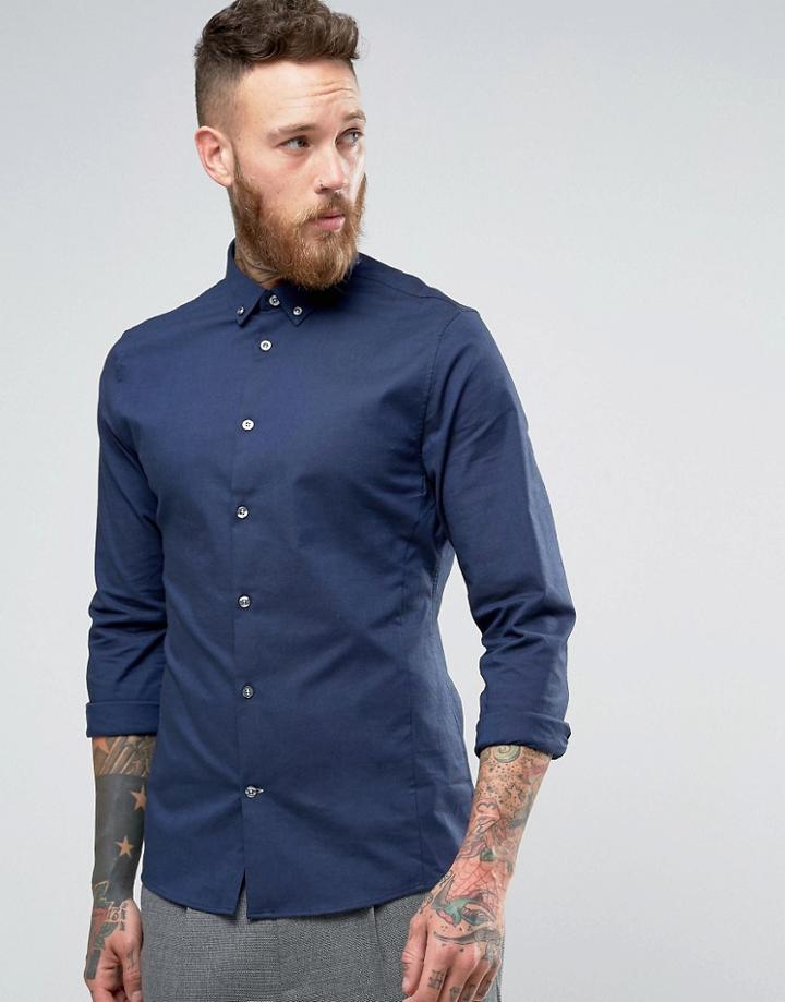 Hoxton Shirt Company Slim Smart Oxford Shirt With Stretch - Navy