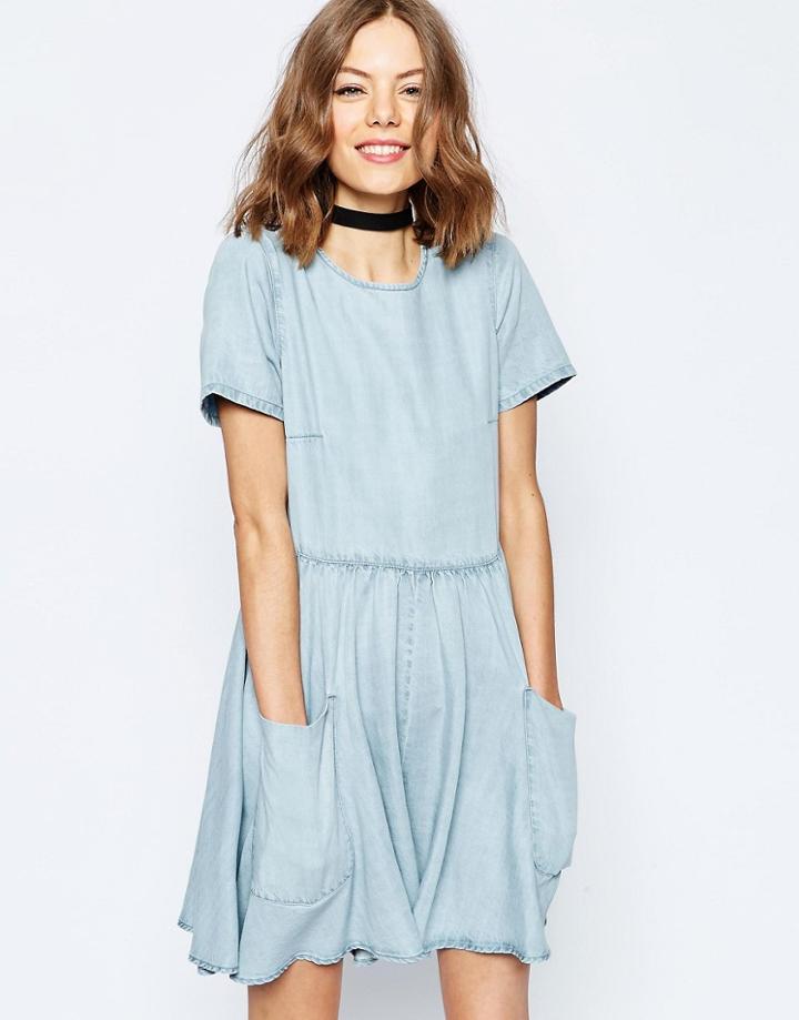 Asos Denim Premium Full Swing Romper - Lightwash Blue