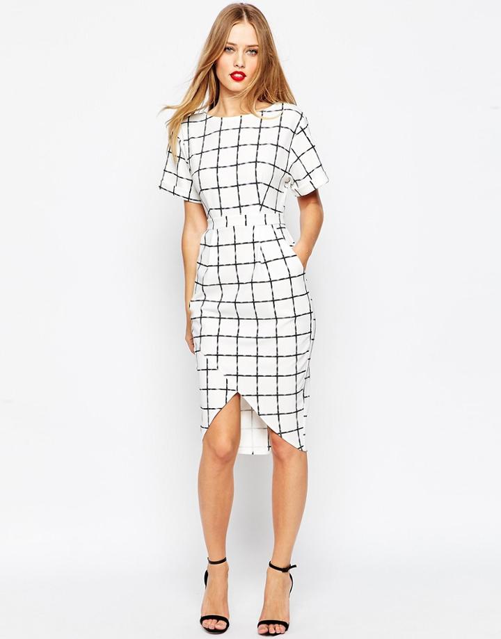 Asos Wrap Wiggle Dress In Grid Check Print - Multi