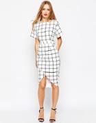 Asos Wrap Wiggle Dress In Grid Check Print - Multi