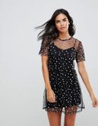 Wal G Dress With Floral Embroidery Trim - Black