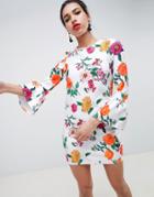 Asos Design Botanical Shift Dress With Fluted Sleeves - Multi