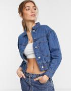 Violet Romance Cropped Denim Jacket In Mid Wash Blue-multi
