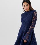 Prettylittlething Lace Fluted Sleeve Skater Dress In Navy - Navy