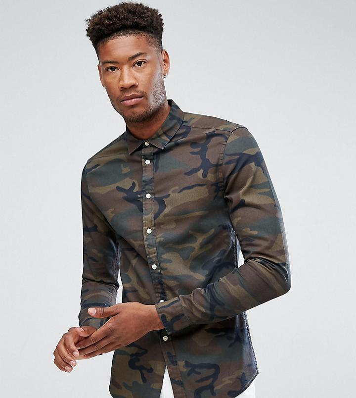 Asos Tall Skinny Fit Camo Shirt - Brown