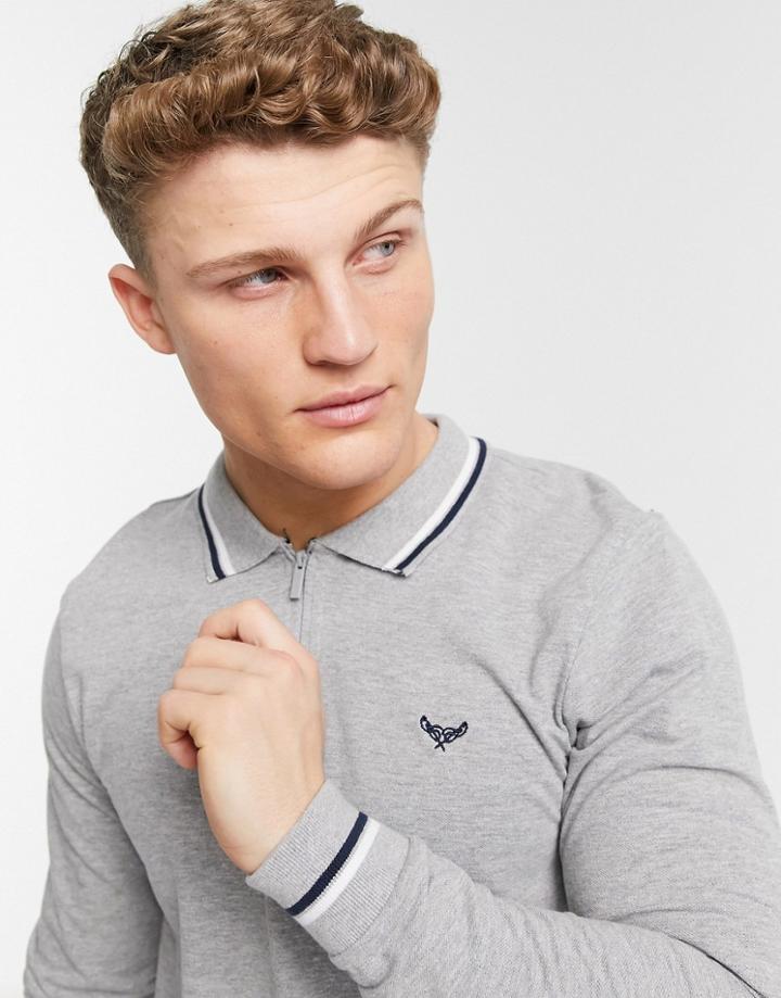 Threadbare Long Sleeve Polo Shirt In Gray-grey
