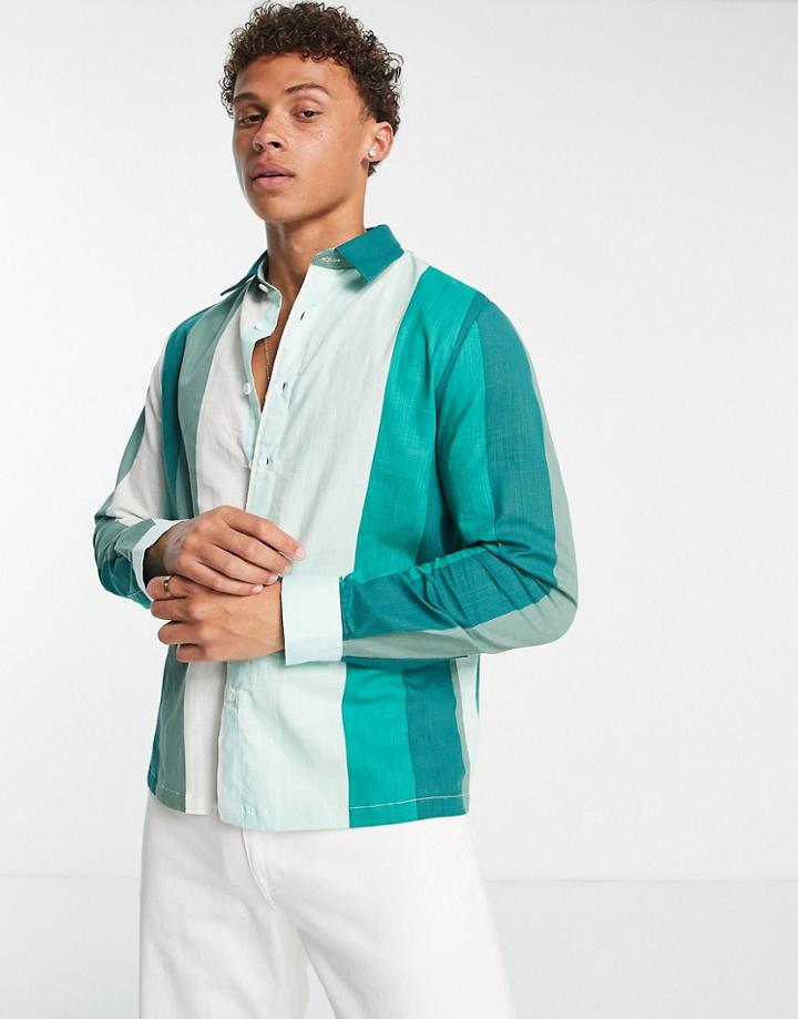 River Island Long Sleeve Stripe Textured Shirt In Green