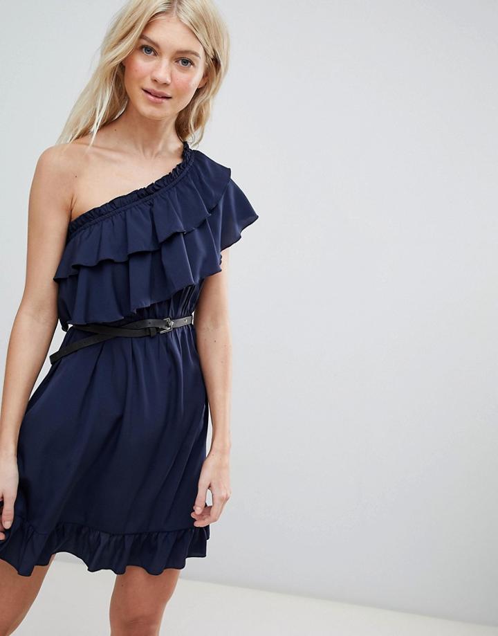Vero Moda One Shoulder Ruffle Dress-navy